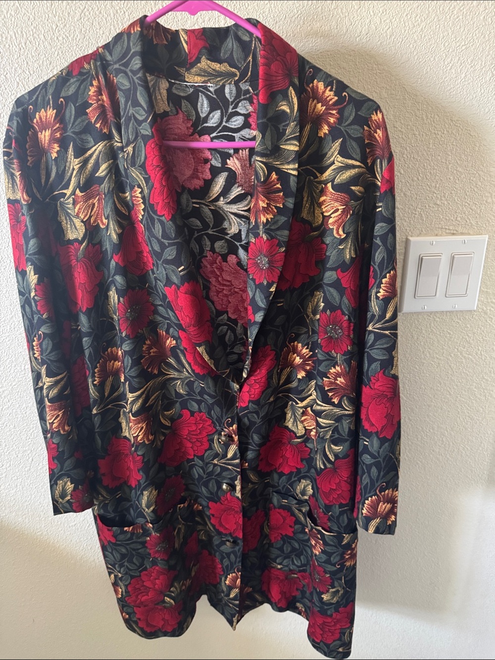 Floral Longline Women's Blazer- Black with Red & Gold Floral